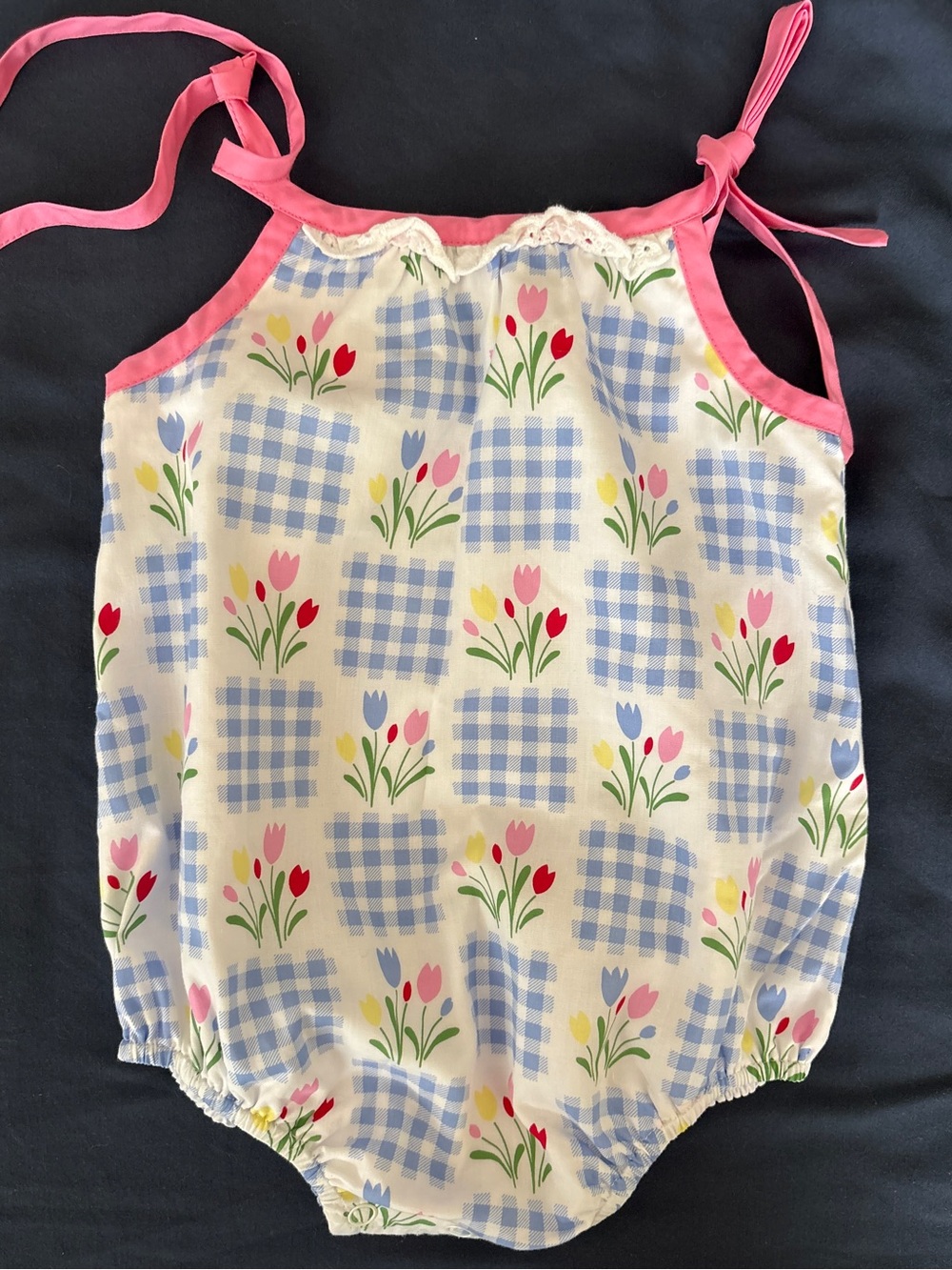 The Beaufort Bonnet Company Pink-Trim Tulip & Blue Gingham Baby Romper